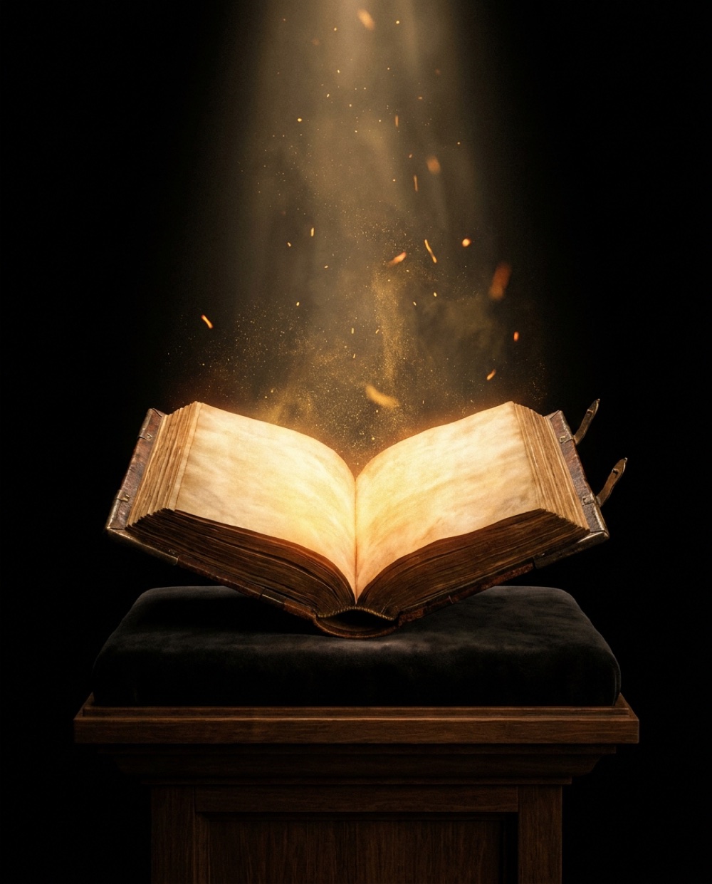 O Documento-Mãe — um manuscrito iluminado aberto sobre um pedestal