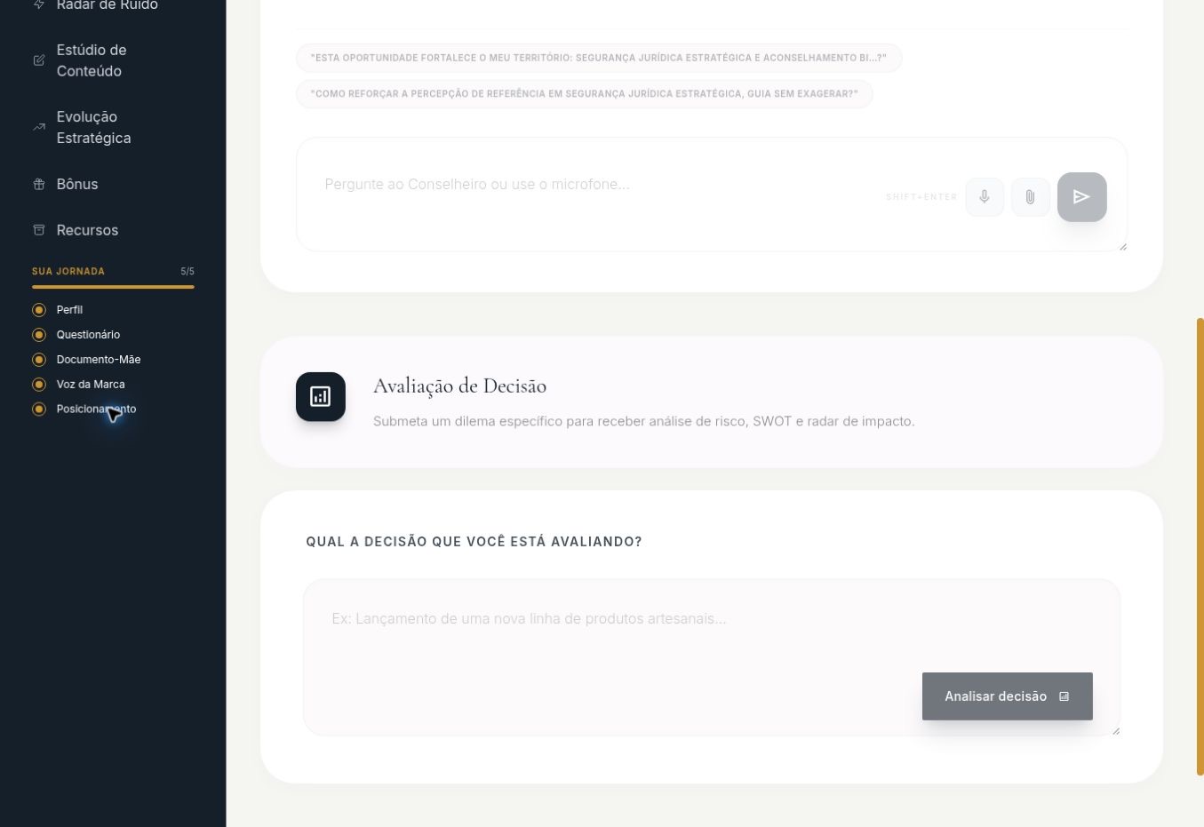 Interface do módulo Conselheiro Áureo no Estratégia Áurea OS