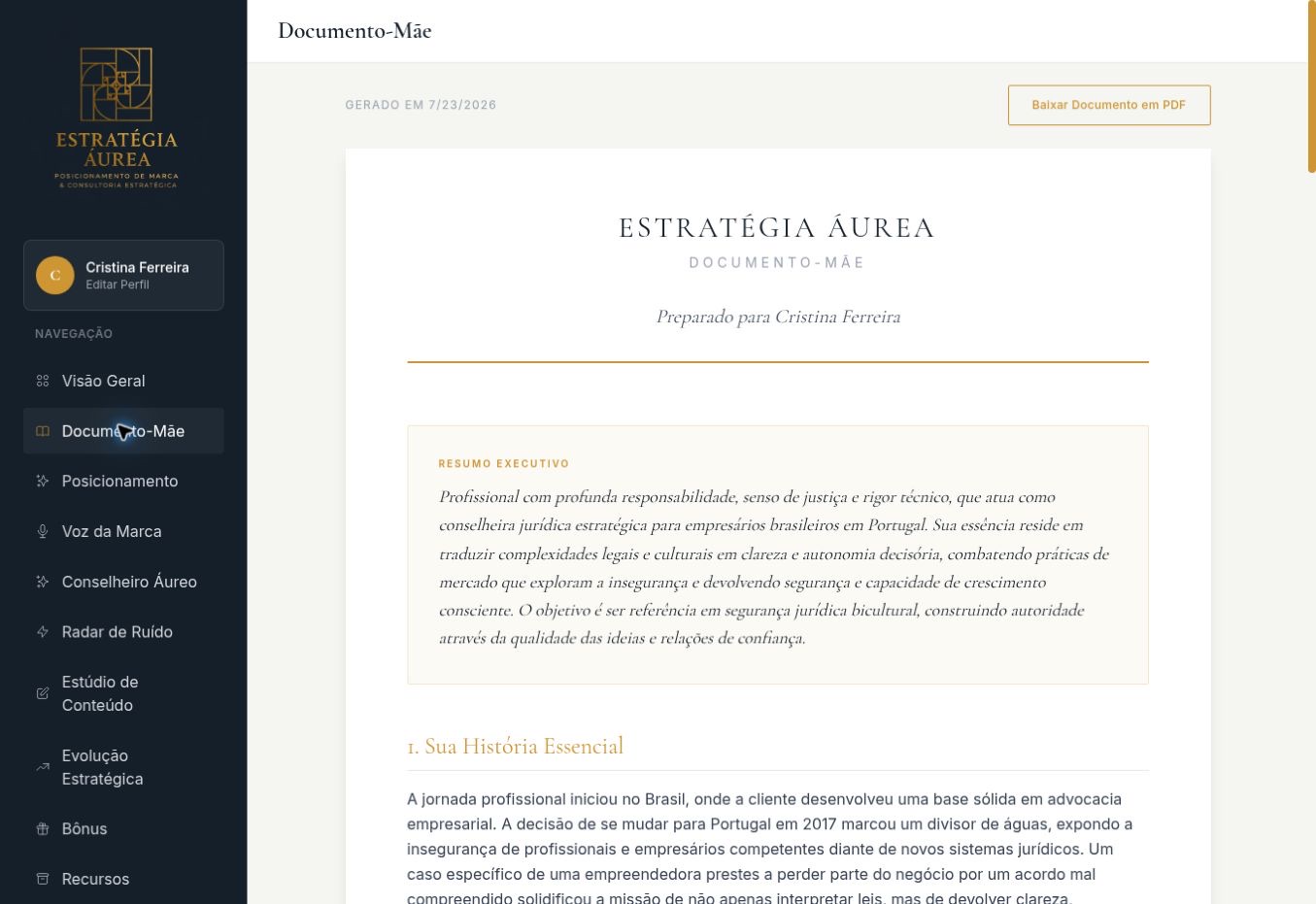 Interface do módulo Documento-Mãe no Estratégia Áurea OS