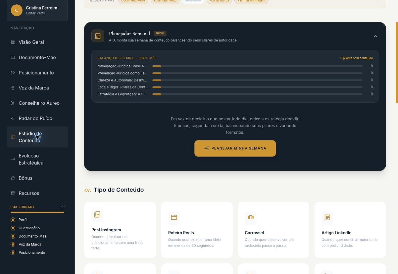 Interface do módulo Estúdio de Conteúdo no Estratégia Áurea OS