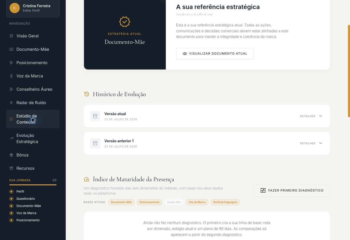 Interface do módulo Evolução Estratégica no Estratégia Áurea OS