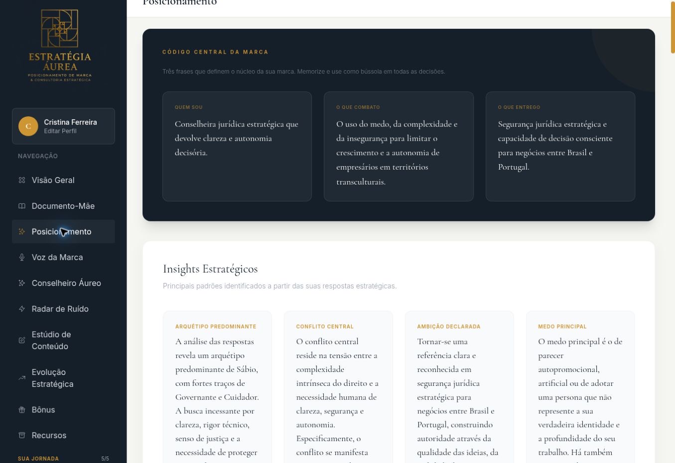 Interface do módulo Posicionamento no Estratégia Áurea OS