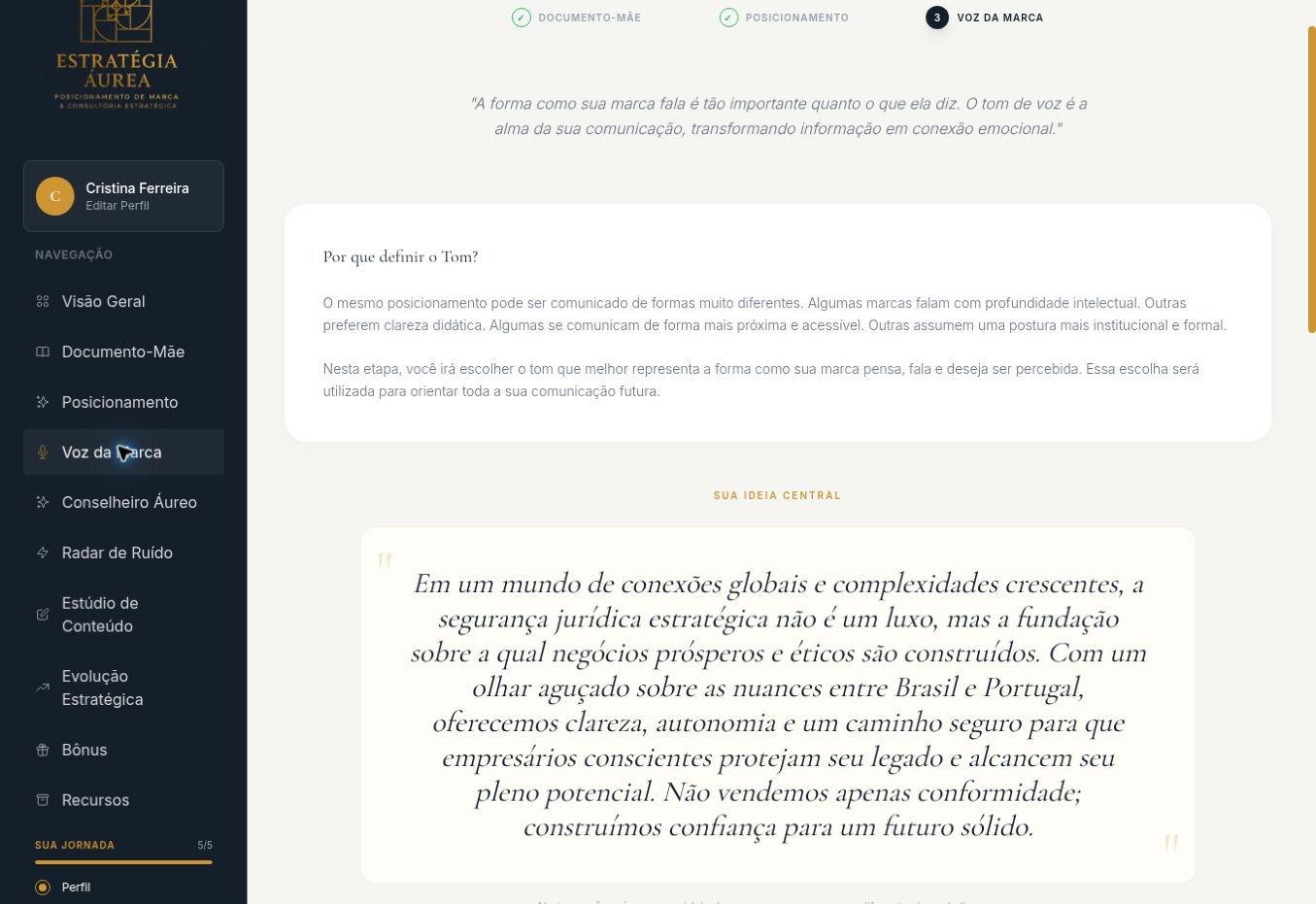 Interface do módulo Voz da Marca no Estratégia Áurea OS