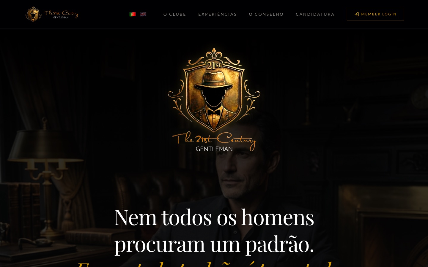 Página inicial do site The 21st Century Gentleman Club — clube privado, estética de luxo noturno
