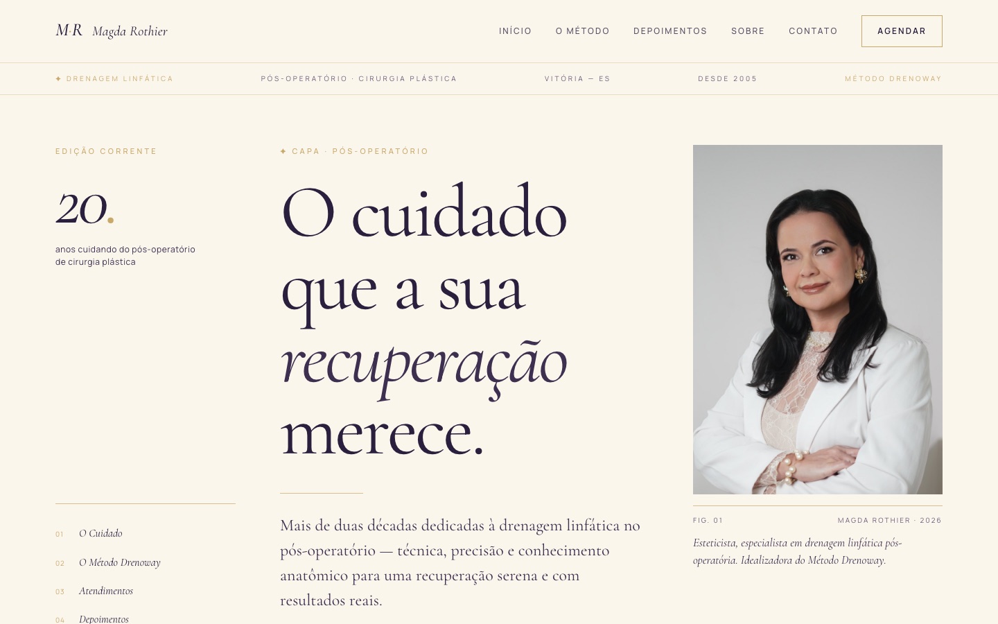 Página inicial do site de Magda Rothier — especialista em drenagem linfática pós-operatória, estética editorial clara